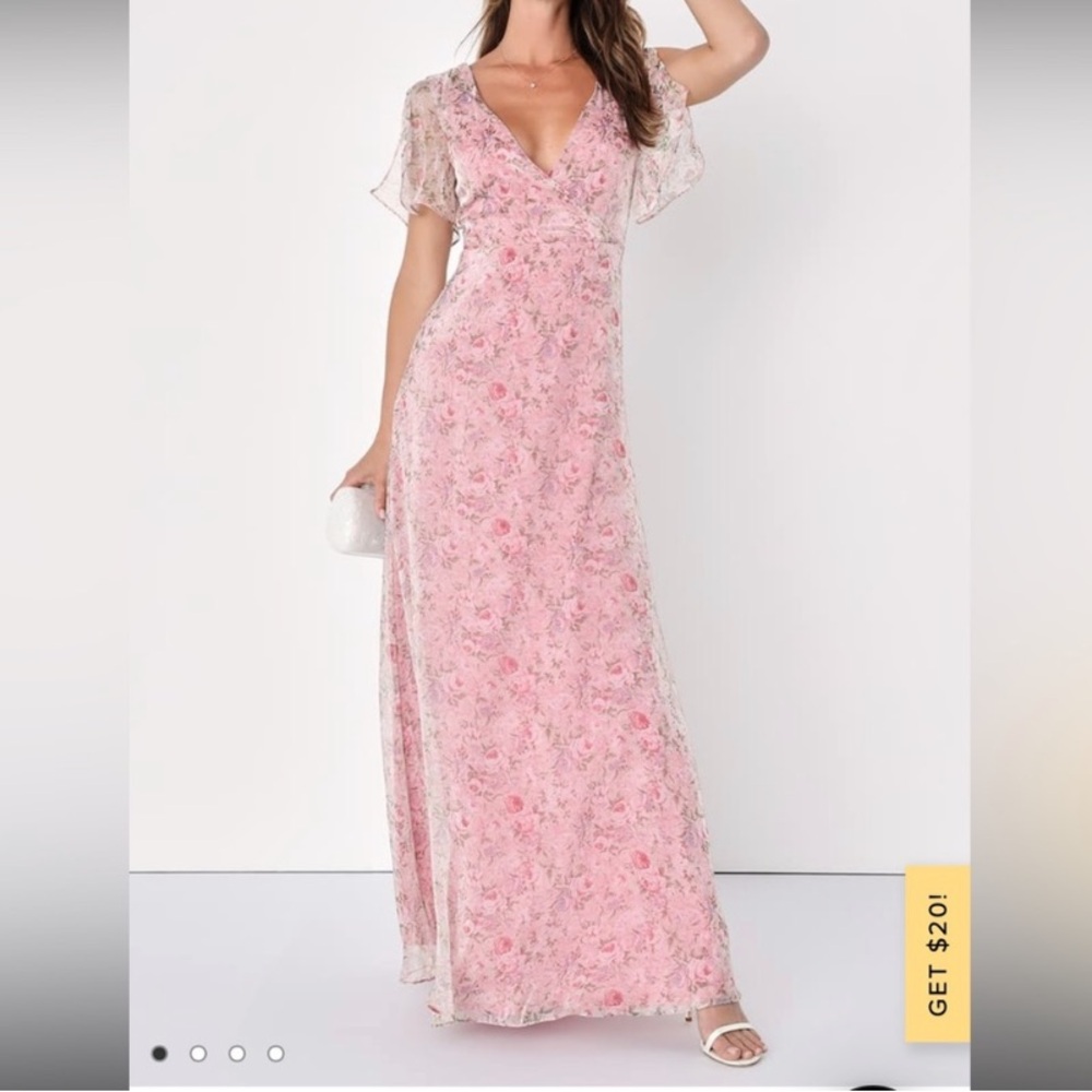 Lulus Dreamiest Desires Pink Floral Flutter Sleeve Organza Maxi Dress size L